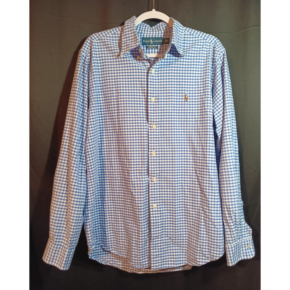 Men POLO Ralph Lauren Classics RL Shirt Large Blue White Tablecloth Pattern $125